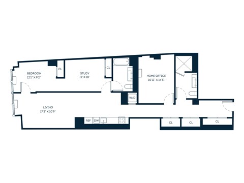 Floor plan for 1 bed, 2 baths, 1383 sqft